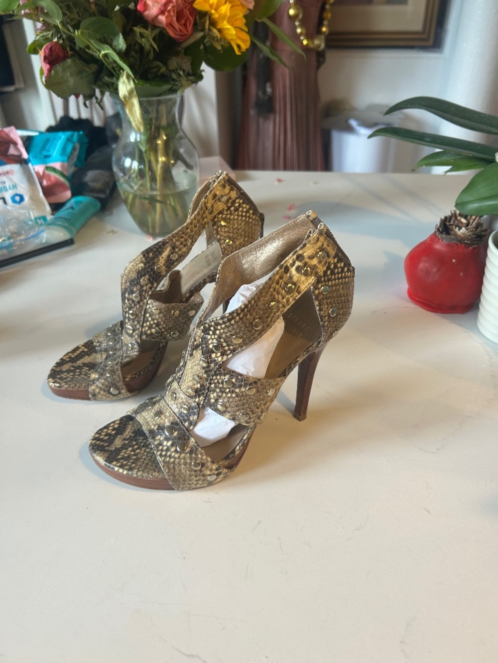 Stuart Weitzman snake print high heel shoe